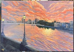 Sunset Oil Painting of Albert Bridge and Thames Riverside View in London