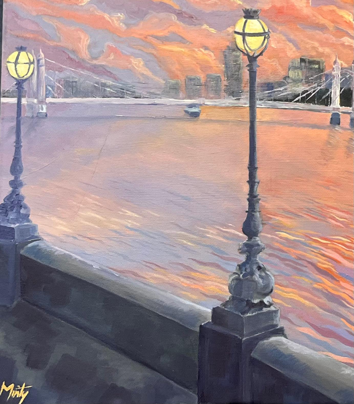Pintura al óleo al atardecer de la vista del puente Albert y la ribera del Támesis en Londres - Painting Impresionista de Minty Ramsey