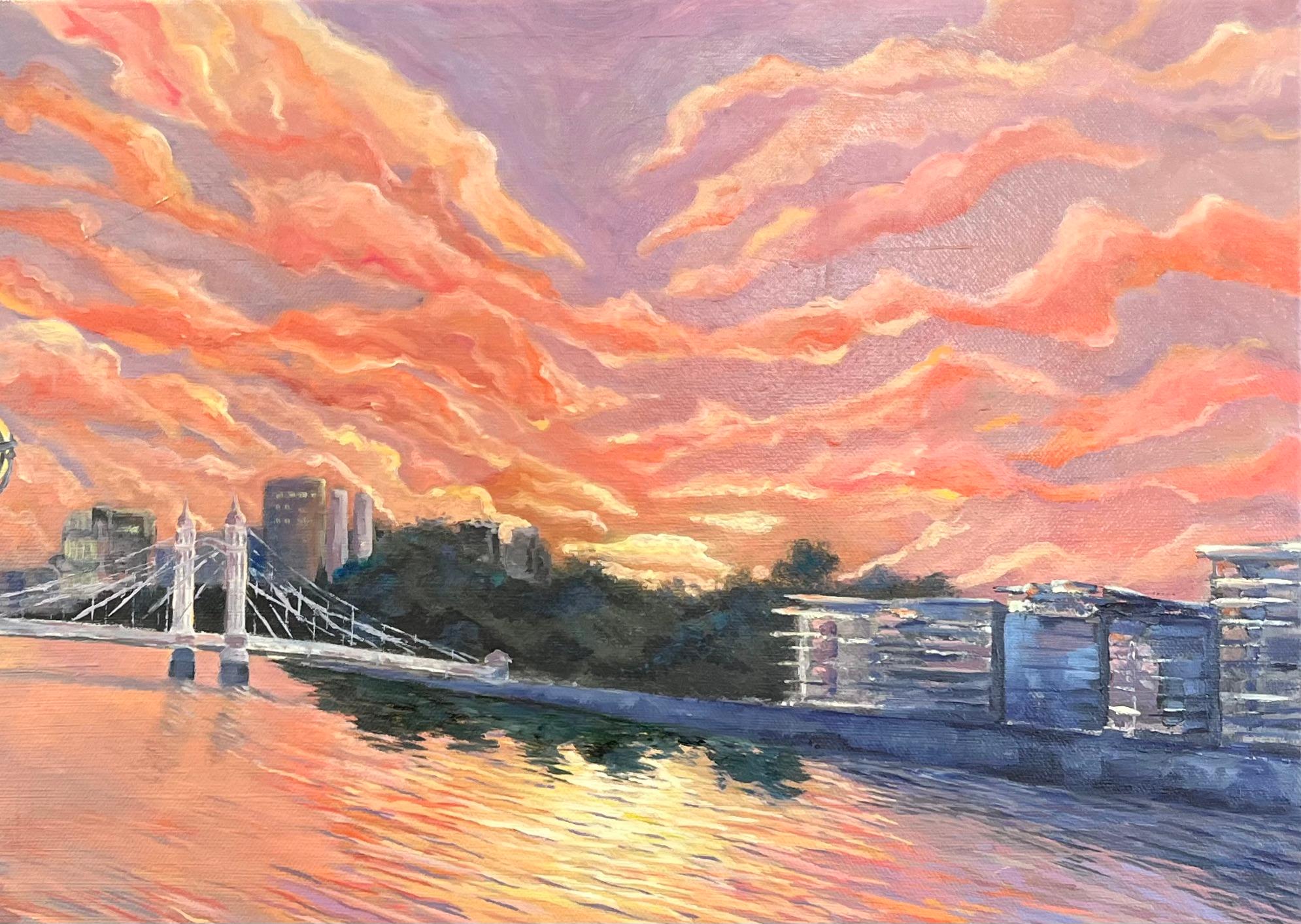 Título: Pintura al óleo al atardecer del puente Albert y vista de la ribera del Támesis en Londres
por Minty Ramsey
Firmado: Sí
Tamaño: 16,5 pulgadas (alto) x 23,5 pulgadas (ancho)
Óleo sobre papel, sin enmarcar
Estado de conservación: El cuadro