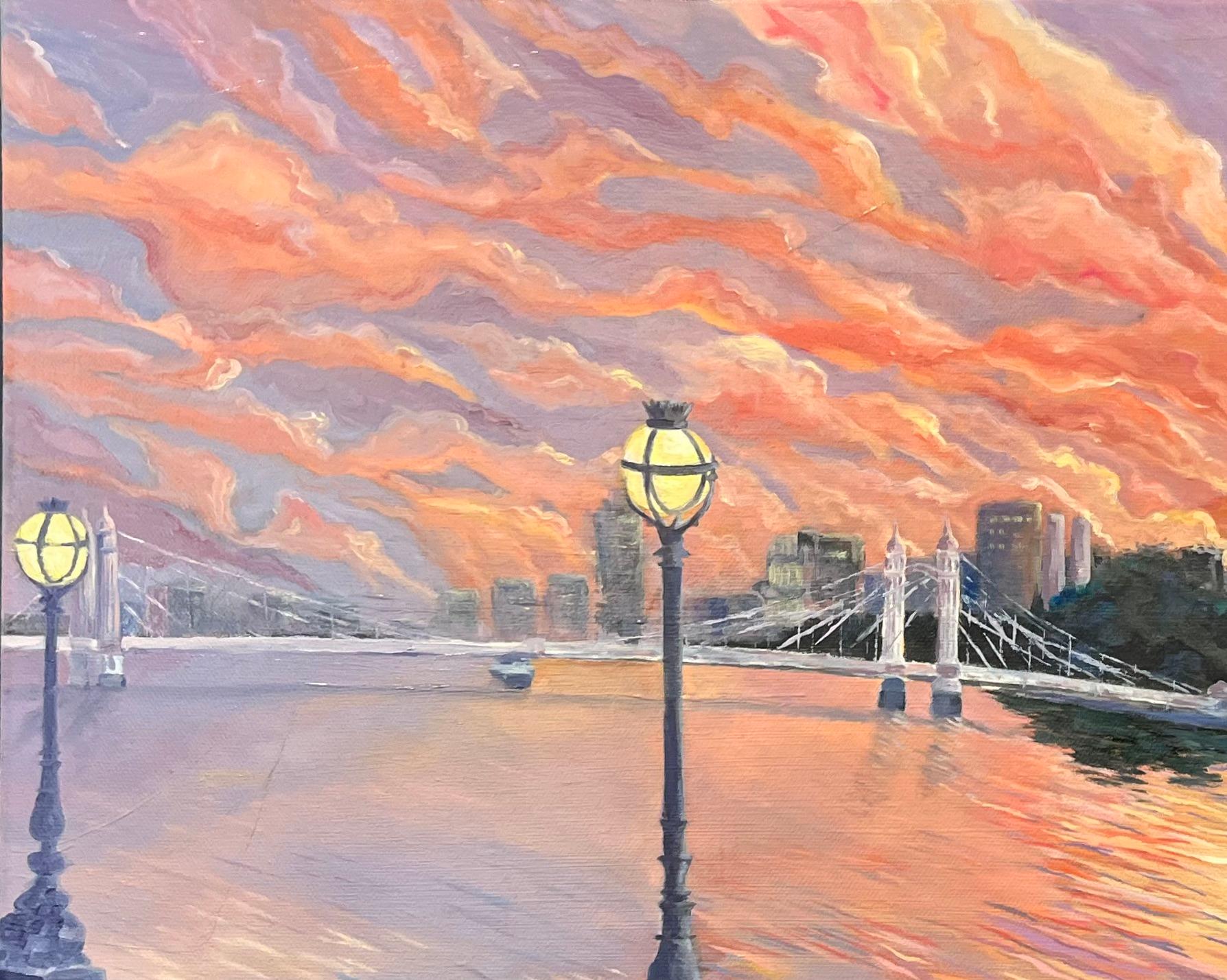 Pintura al óleo al atardecer de la vista del puente Albert y la ribera del Támesis en Londres en venta 1