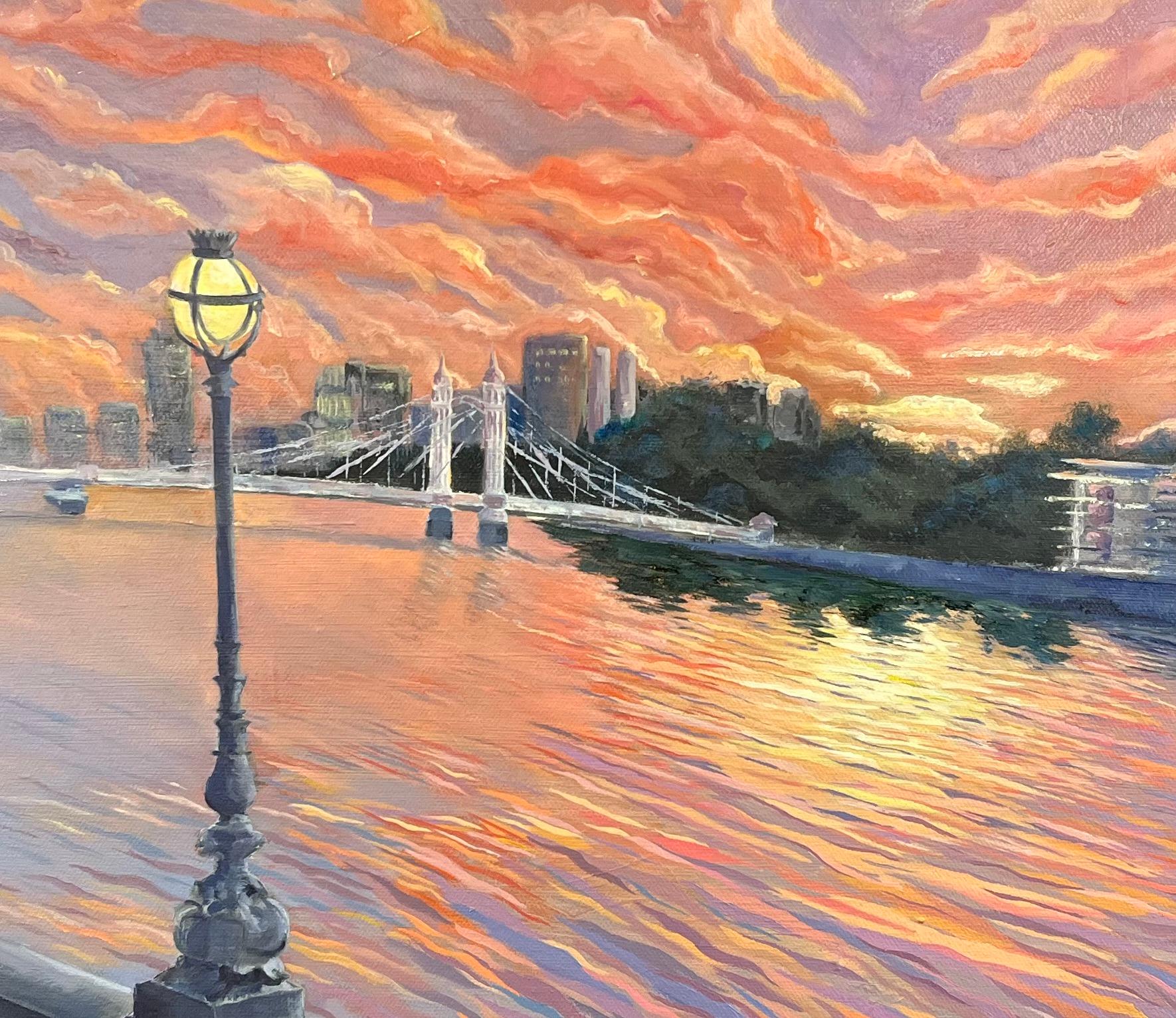 Pintura al óleo al atardecer de la vista del puente Albert y la ribera del Támesis en Londres en venta 2