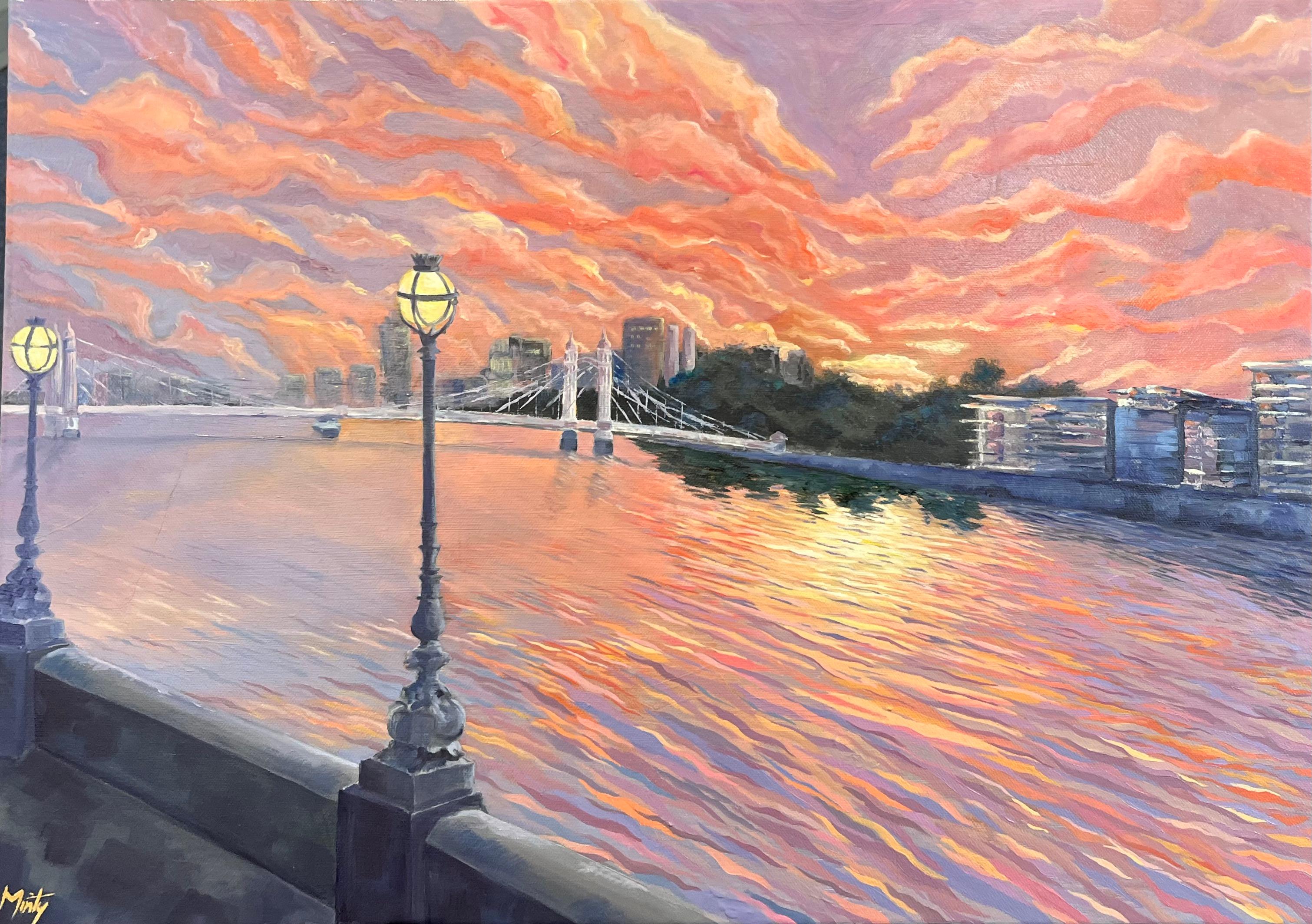 Landscape Painting de Minty Ramsey - Pintura al óleo al atardecer de la vista del puente Albert y la ribera del Támesis en Londres
