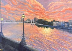 Sunset Oil Painting of Albert Bridge and Thames Riverside View in London