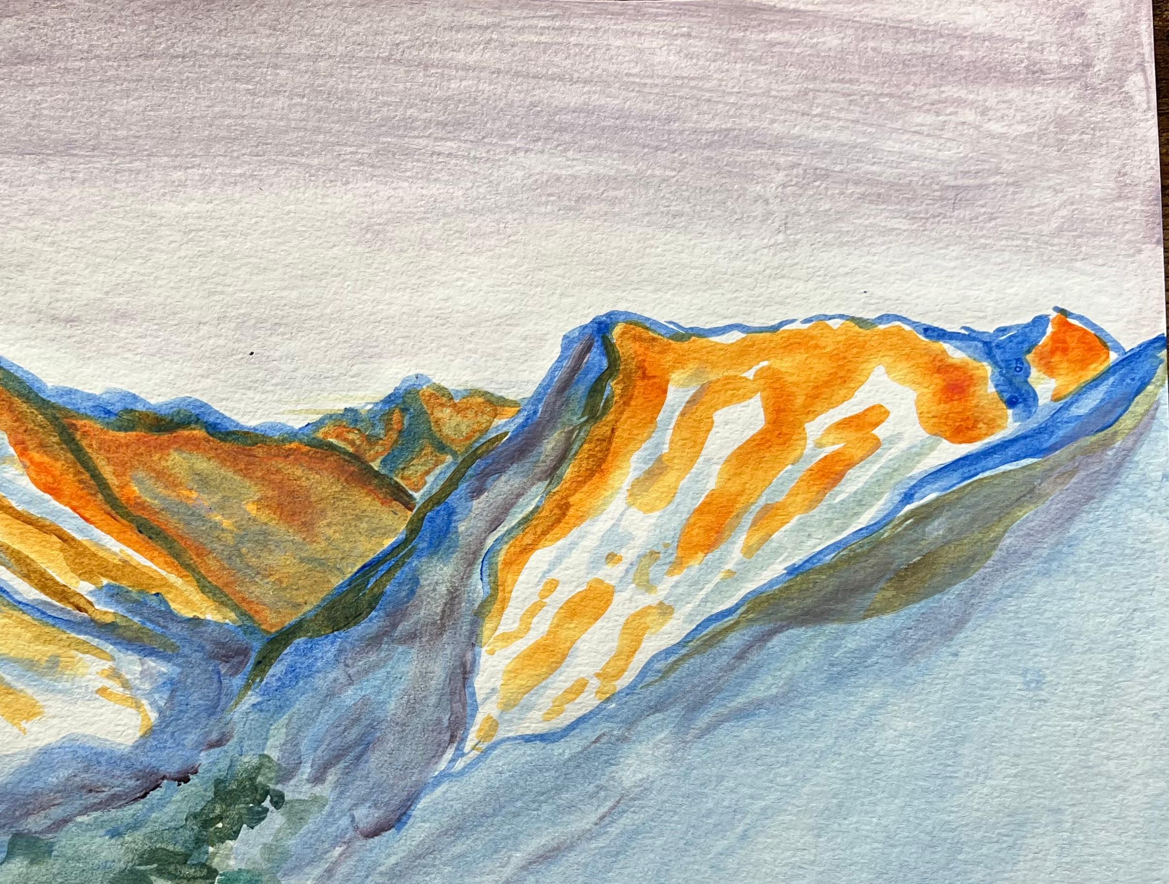 Pintura acrílica vibrante de la cordillera del Atlas con reflejos naranjas - Painting Impresionista de Minty Ramsey
