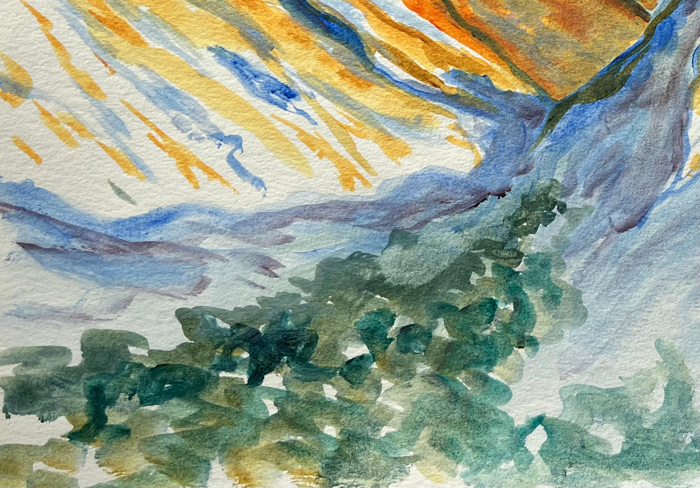 Pintura acrílica vibrante de la cordillera del Atlas con reflejos naranjas - Landscape Painting Gris de Minty Ramsey