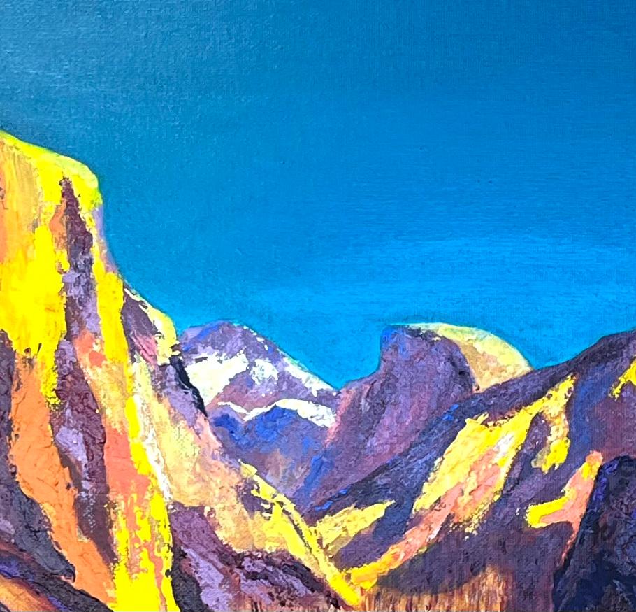 Pintura acrílica vibrante del Parque Nacional de Yosemite de la vista de la cumbre de Half Dome - Abstract Painting Azul de Minty Ramsey