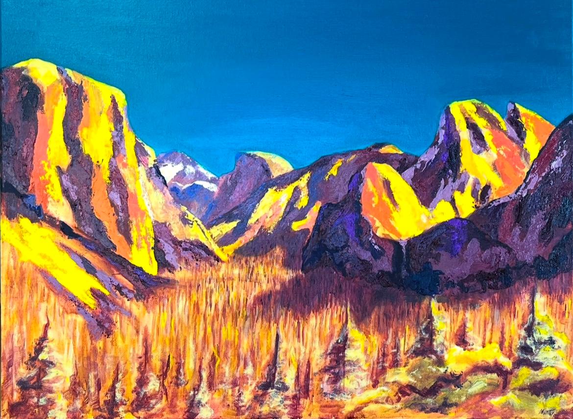 Abstract Painting de Minty Ramsey - Pintura acrílica vibrante del Parque Nacional de Yosemite de la vista de la cumbre de Half Dome