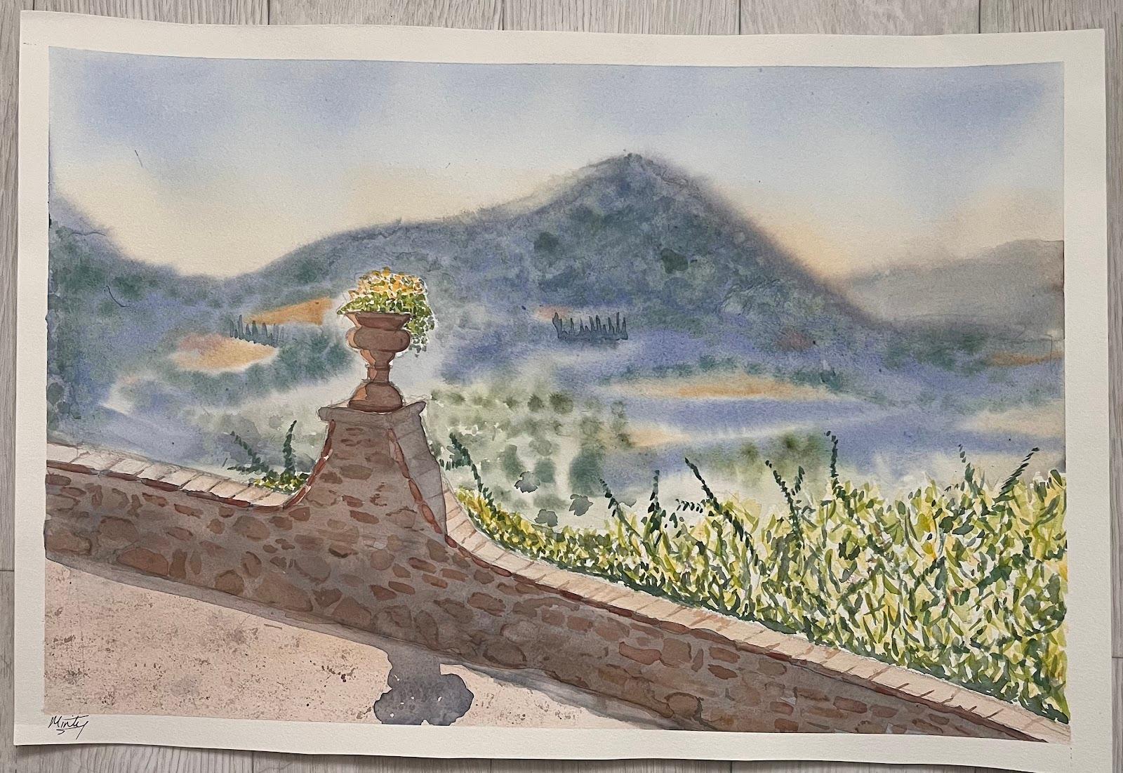 View from Montisi Italy Colorful Watercolor Landscape Painting Contemporary For Sale 1