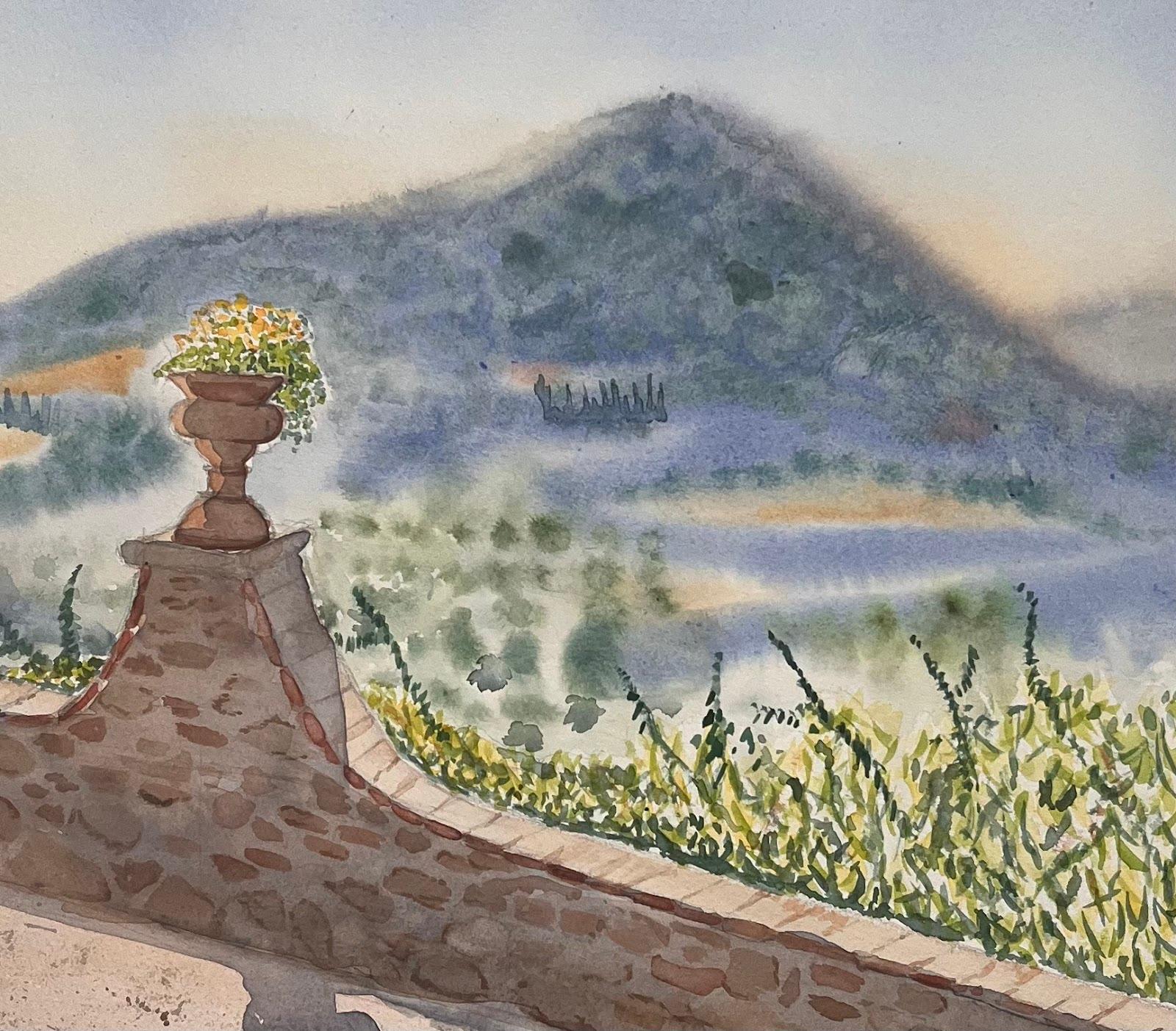 View from Montisi Italy Colorful Watercolor Landscape Painting Contemporary For Sale 2