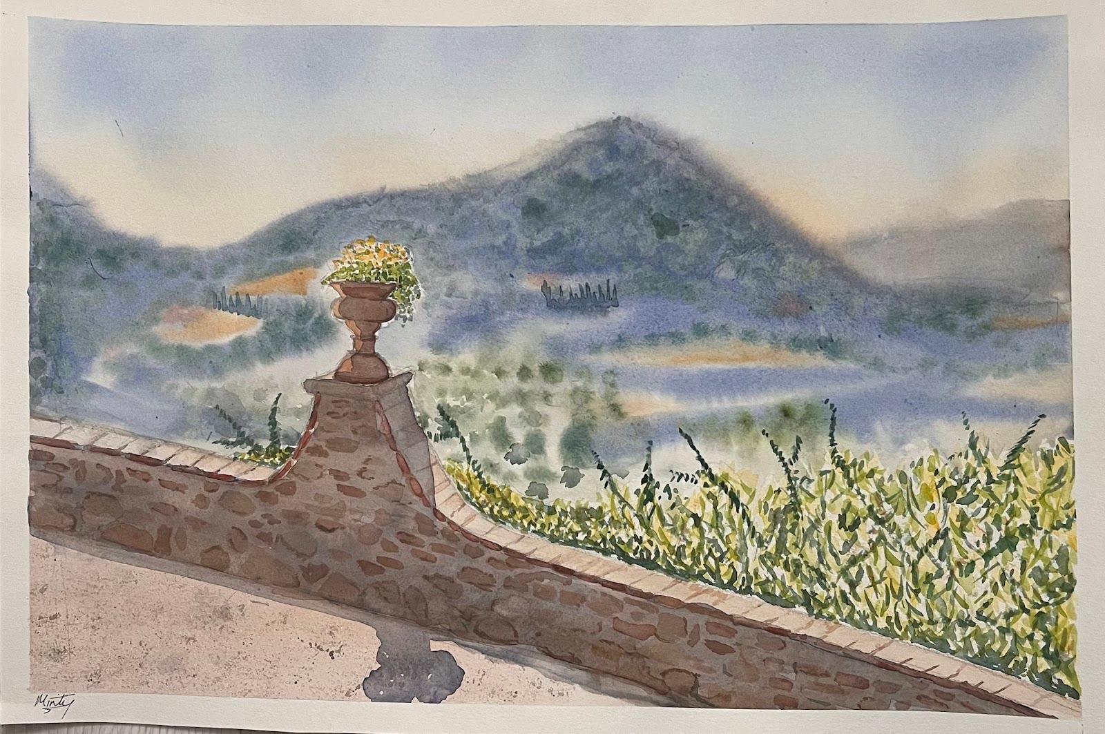 View from Montisi
Signed by Minty Ramsey
Medium: Watercolor on Paper
Size: 15 x 22 inches
Condition: Excellent, with bright and clear colors

Description:
"View from Montisi" is an exquisite watercolor painting by a London-based female artist. The