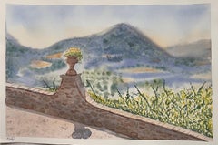 View from Montisi Italy Colorful Watercolor Landscape Painting Contemporary