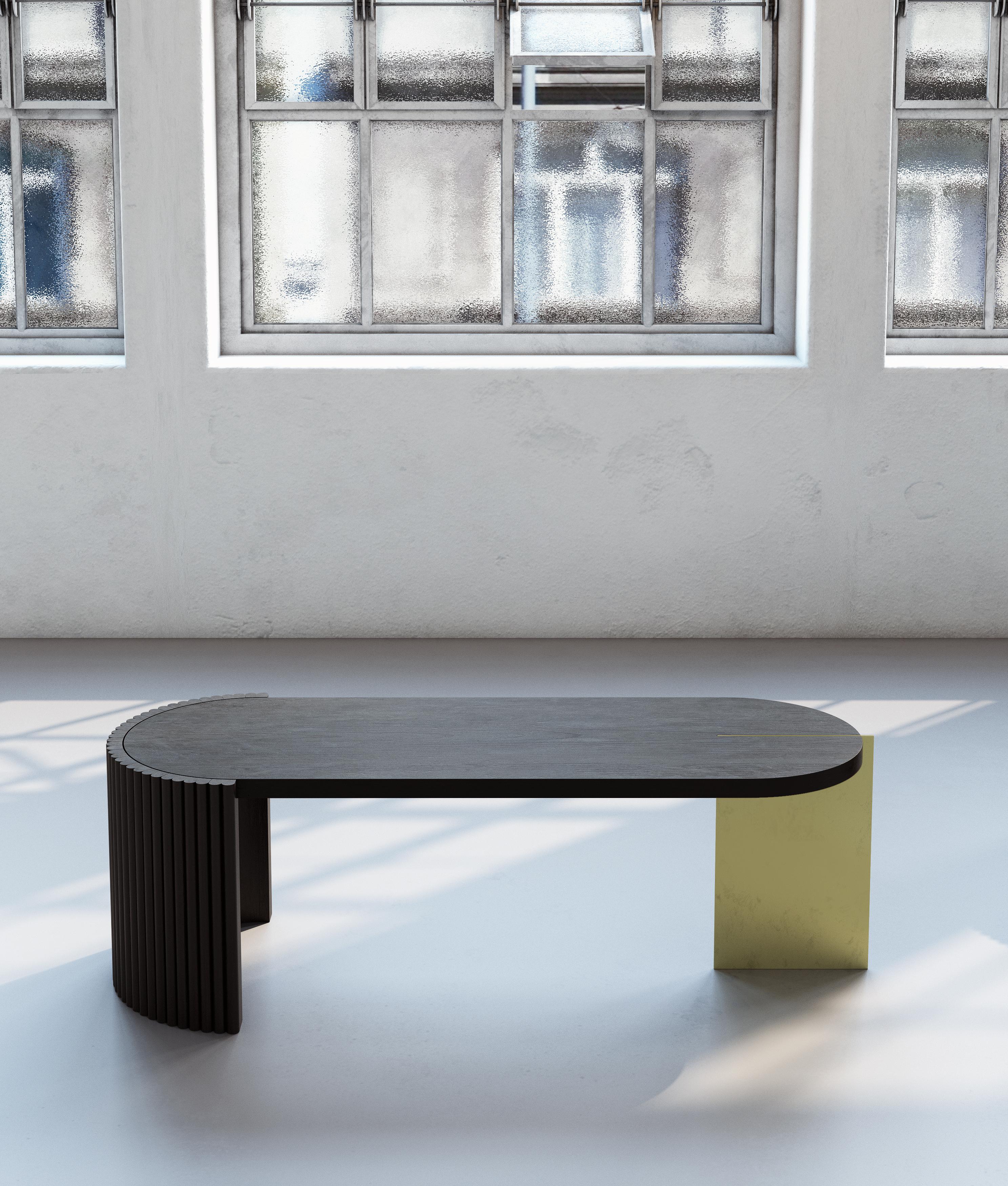 Minus coffee table by Buket Hos¸can Bazman
2019
Dimensions: W 120, D 42, H 45 cm
Material: Sandblasted oakwood, hammered brass

Buket Hoscan Bazman was born in Izmir, Turkey, in 1989. Graduated at the Isik University and after few years of