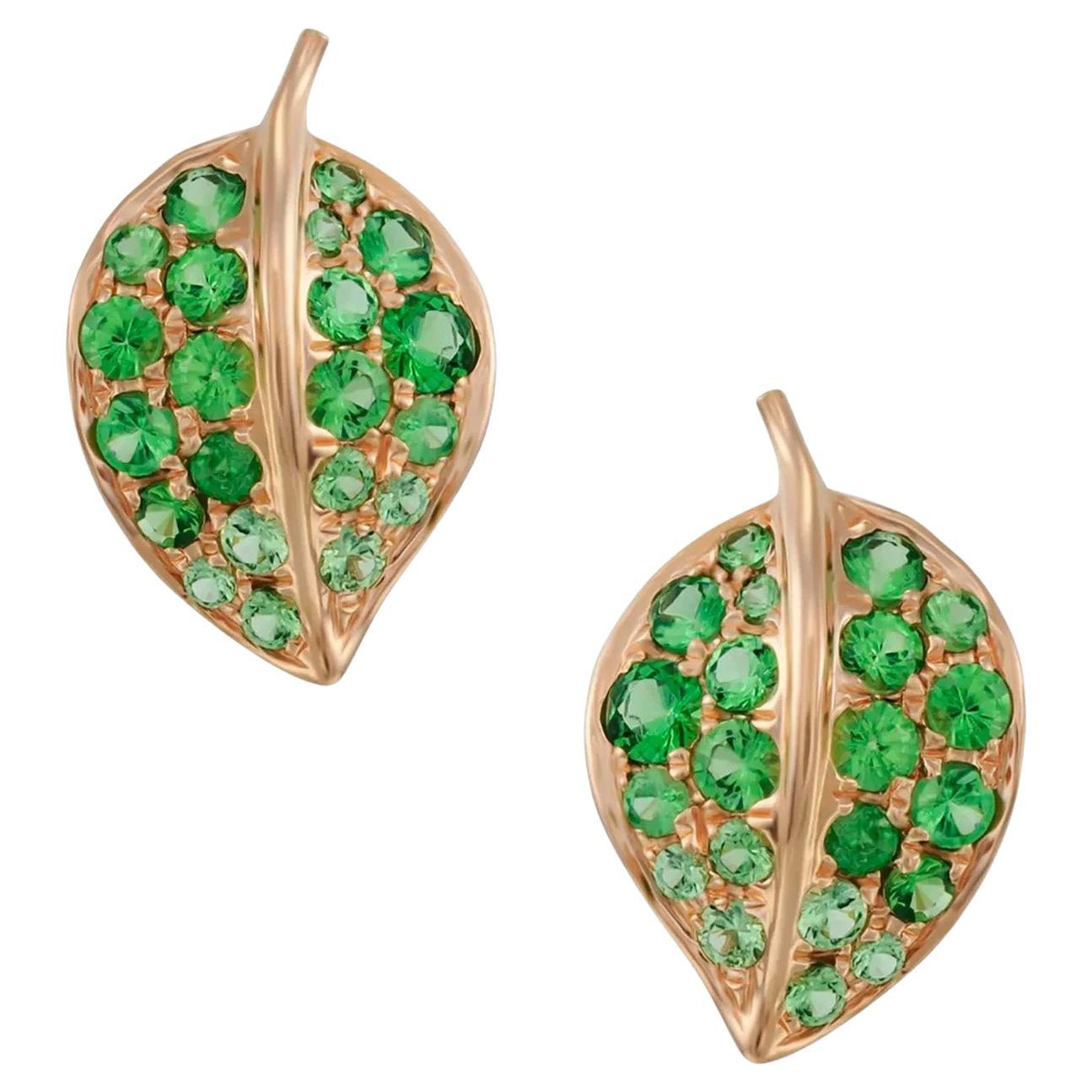 Mio Harutaka, boucles d'oreilles feuille de grenat vert et or rose 18 carats