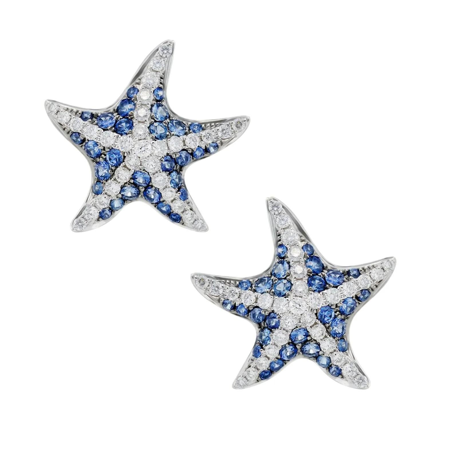 Taglio rotondo Orecchini Mio Harutaka in oro bianco 18k con zaffiro blu e diamanti a forma di stella marina in vendita