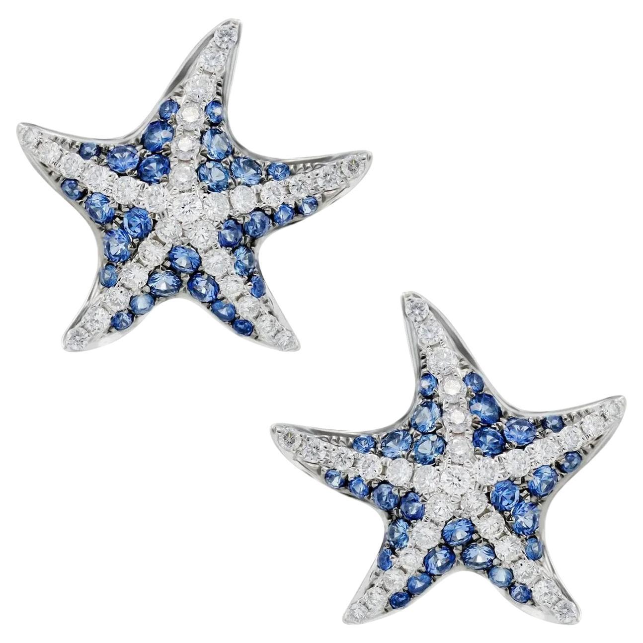Mio Harutaka, boucles d'oreilles étoile de mer en or blanc 18 carats avec saphir bleu et diamants