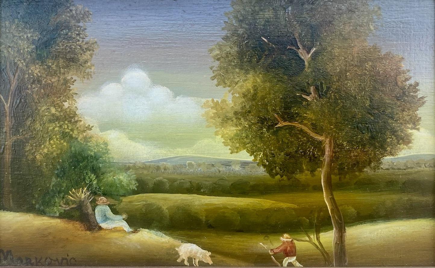 Scena pastorale pacifica: paesaggio ingenuo di arte popolare in stile rinascimentale settentrionale - Painting di Miodag Micha Marcovic