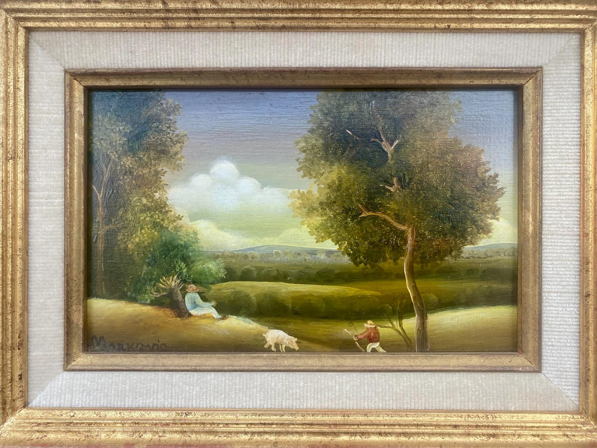 Scena pastorale pacifica: paesaggio ingenuo di arte popolare in stile rinascimentale settentrionale - Landscape Painting Grigio di Miodag Micha Marcovic