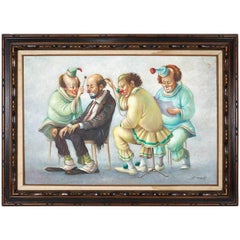 Italian "Clown Doctors" Oil on Canvas Painting Signed Barcelo