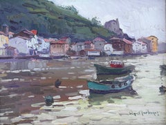 Vue historique du port basque avec bateaux Huile côtière impressionniste espagnole Espagne