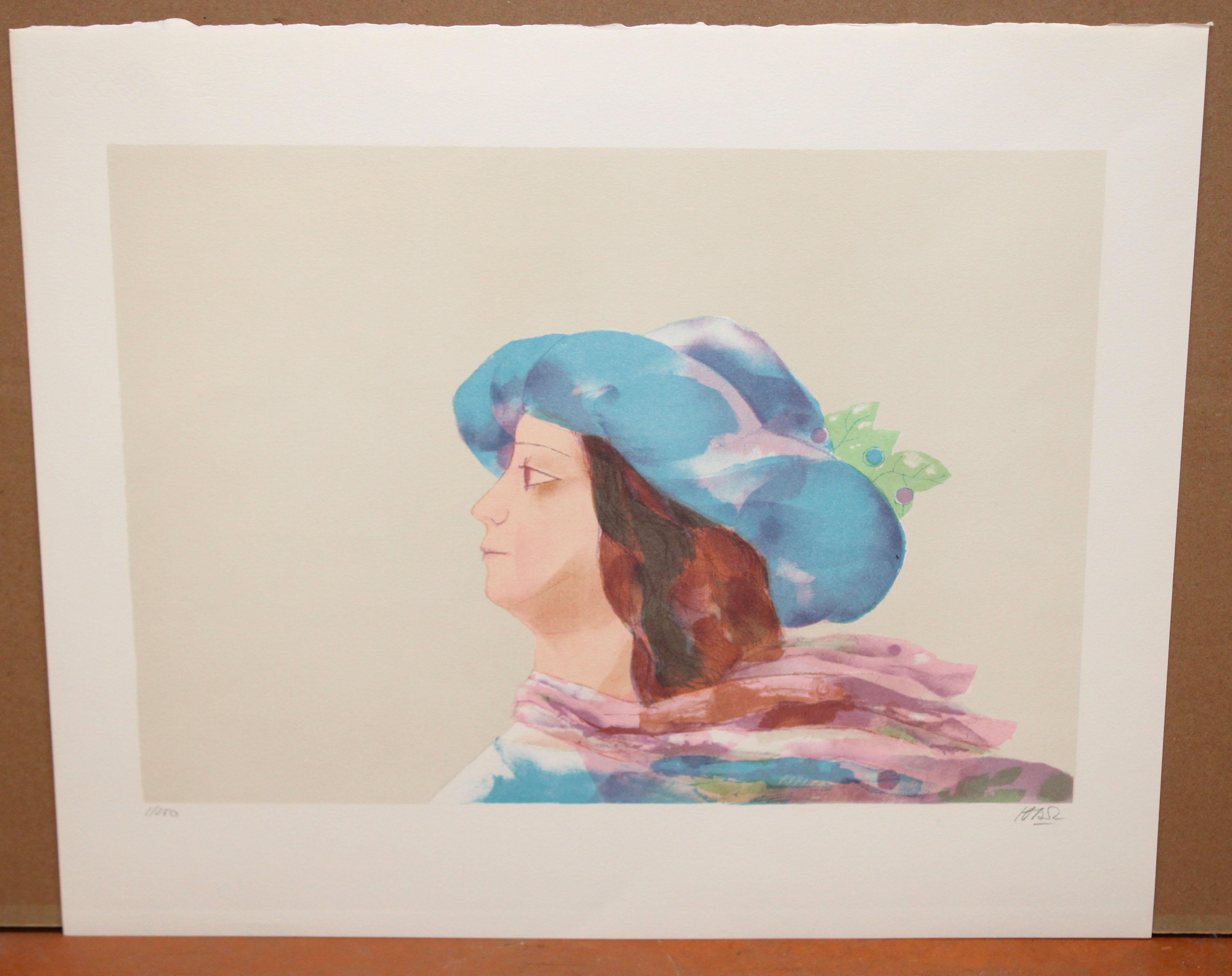 Litografia sobre papel - Dama con sombrero azul - Tiraje: 1/250 - Print by Miquel Ibarz Roca