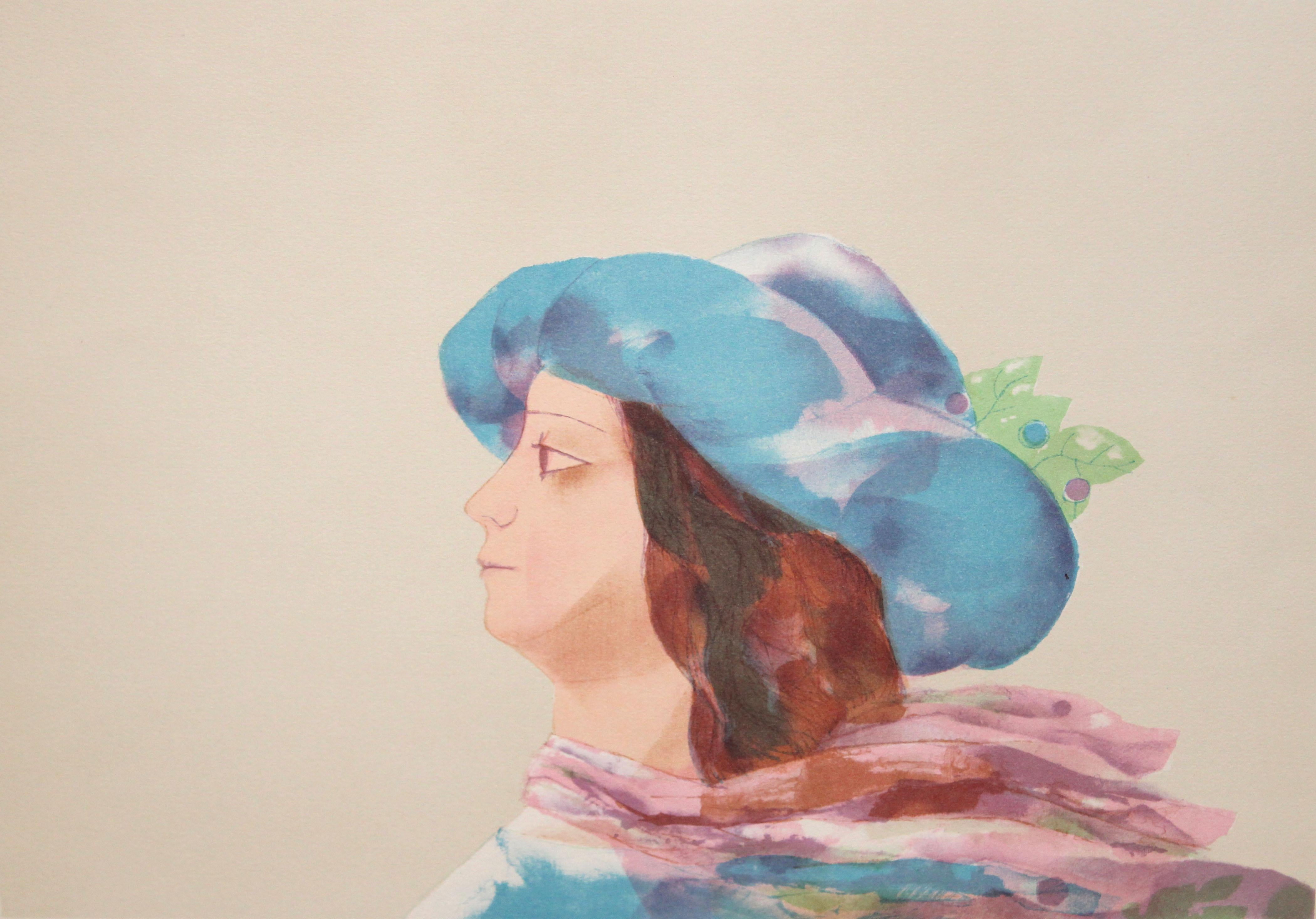 Miquel Ibarz Roca Portrait Print - Litografia sobre papel - Dama con sombrero azul - Tiraje: 1/250