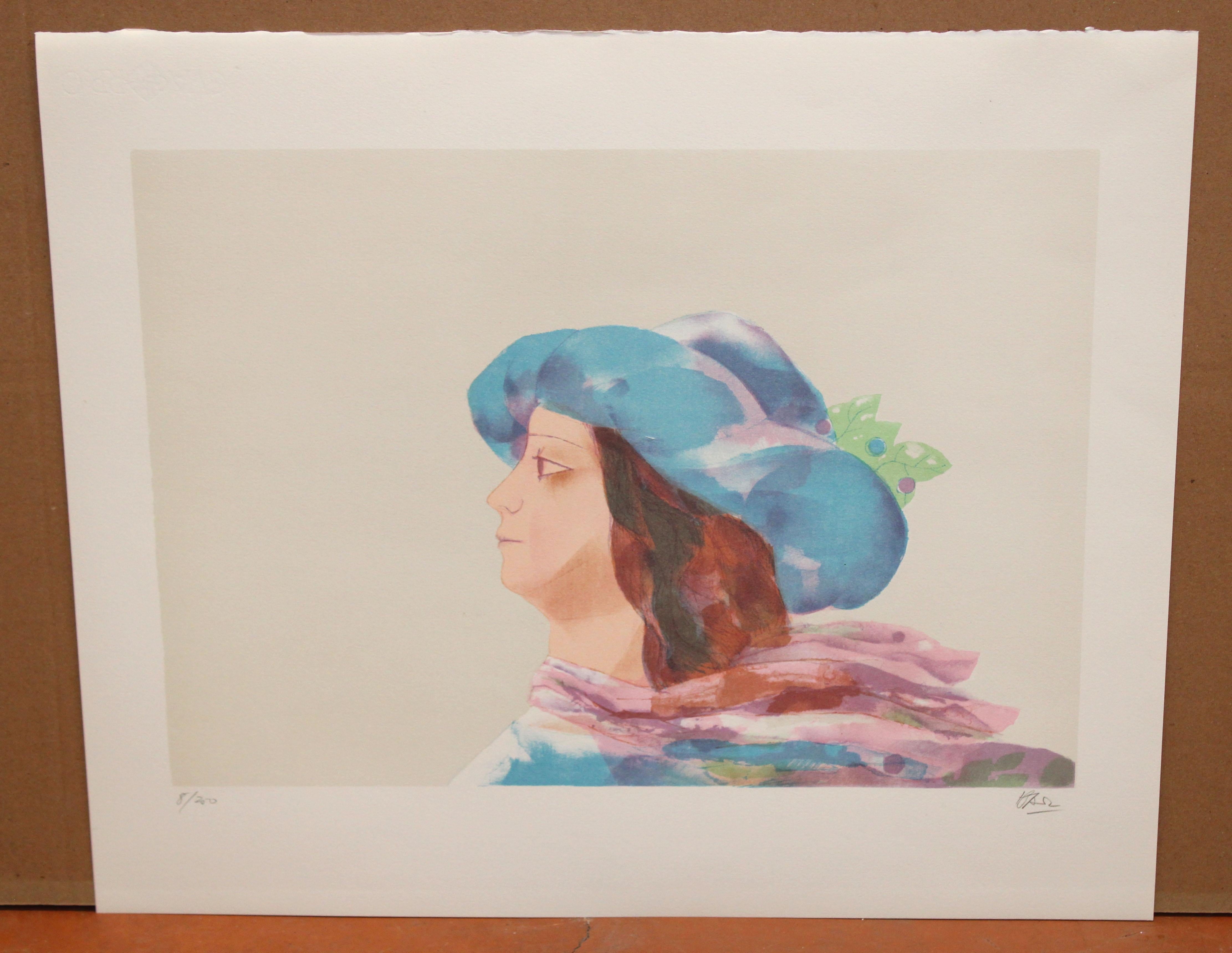 Litografia sobre papel - Dama con sombrero azul - Tiraje : 8/250 - Print de Miquel Ibarz Roca
