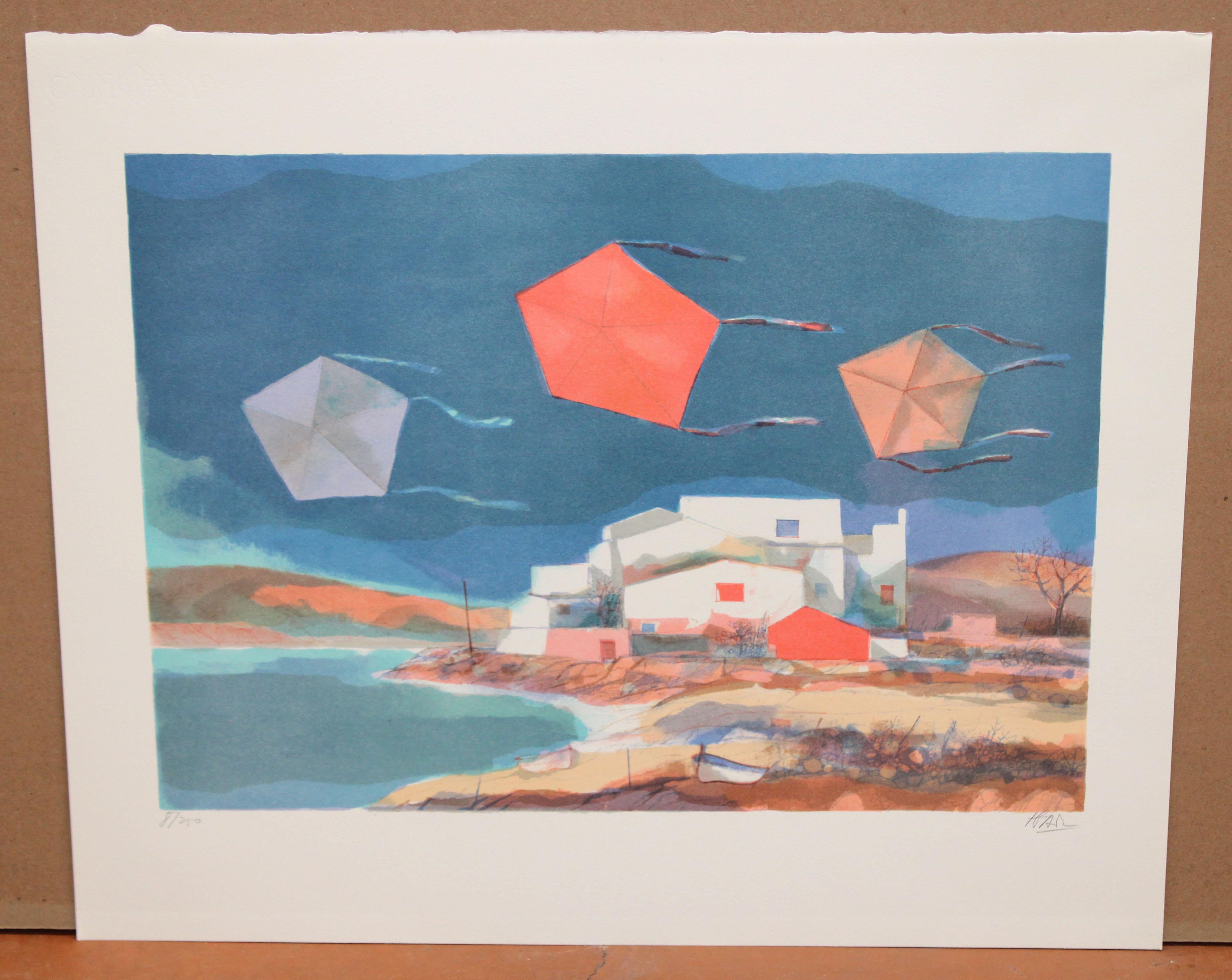 Litografia sobre papel - Paisaje con cometas - Tiraje: 8/250 - Print by Miquel Ibarz Roca