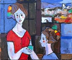 Portrait moderniste coloré de deux femmes dans un intérieur méditerranéen – Huile sur toile
