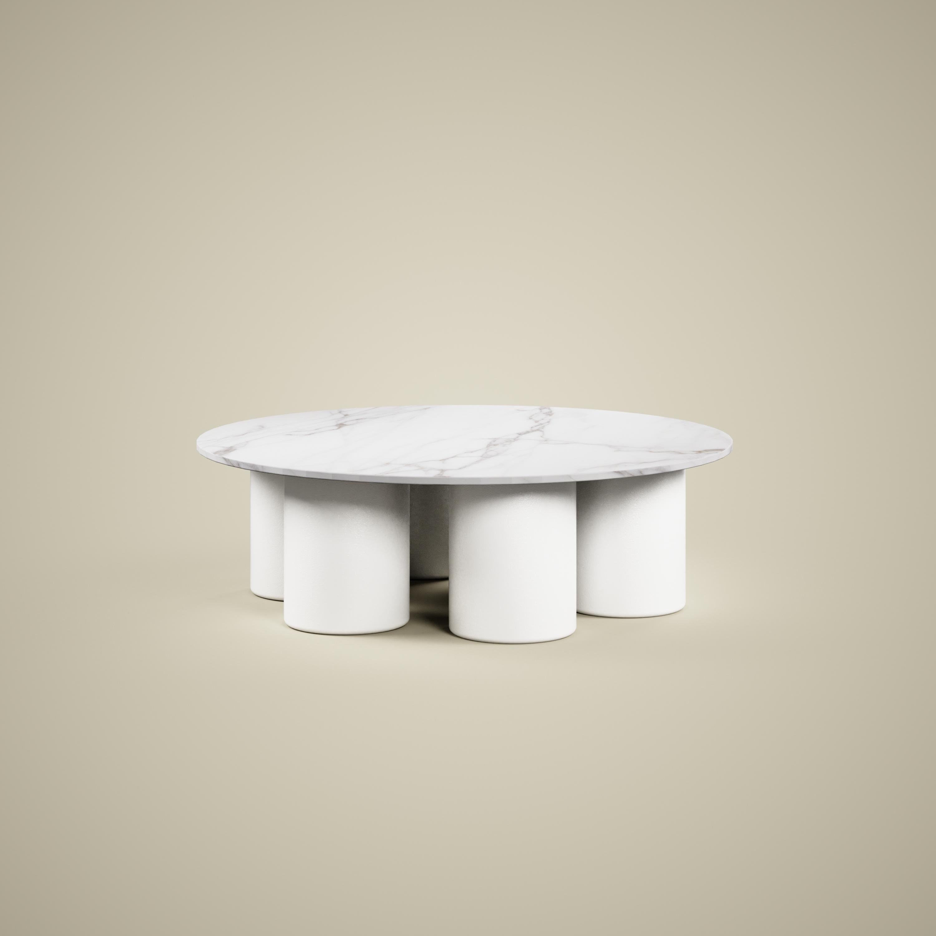 High end round Stainless steel and marble plate coffee table designed by Vincent Mazenauer. The table can be lacquered in all colors (white, black, grey, gold, yellow, red, yellow, blue, etc). 
That table came from the Element coffee table