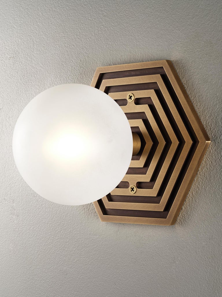 Machine Age Mira Hex Wall Sconce in Natural Brass and Blown Glass by Blueprint Lighting For Sale