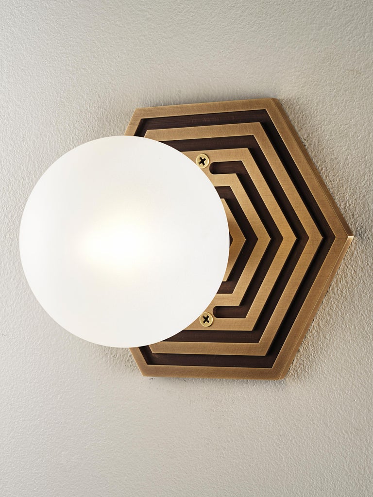 American Mira Hex Wall Sconce in Natural Brass and Blown Glass by Blueprint Lighting For Sale