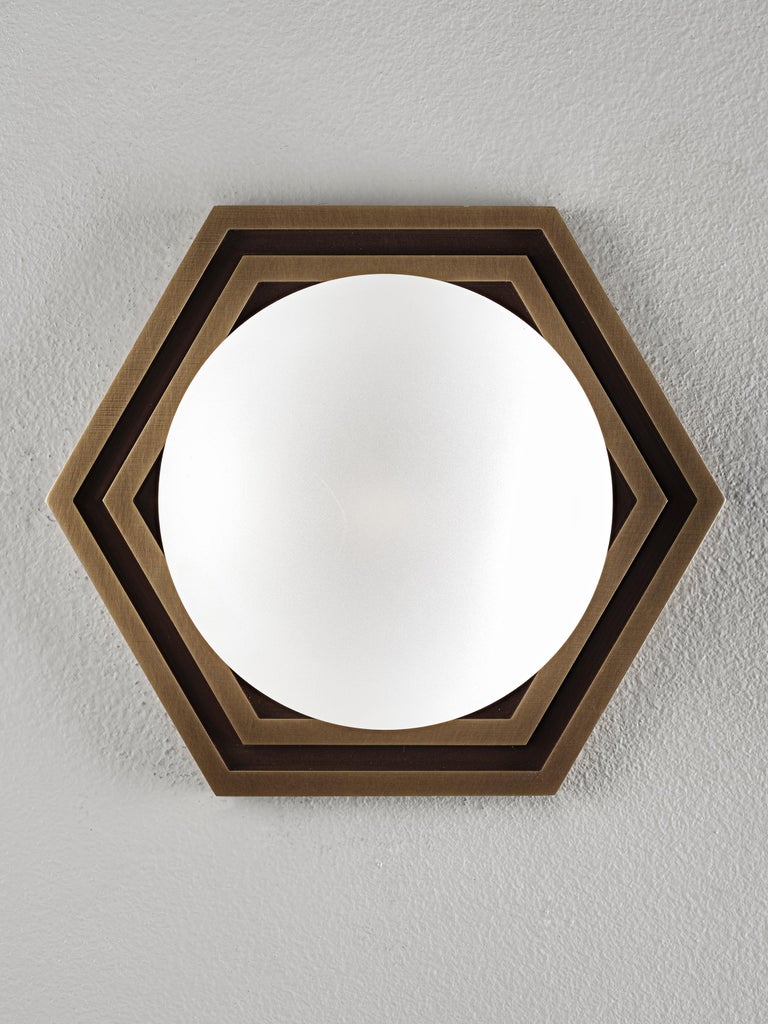 Contemporary Mira Hex Wall Sconce in Natural Brass and Blown Glass by Blueprint Lighting For Sale