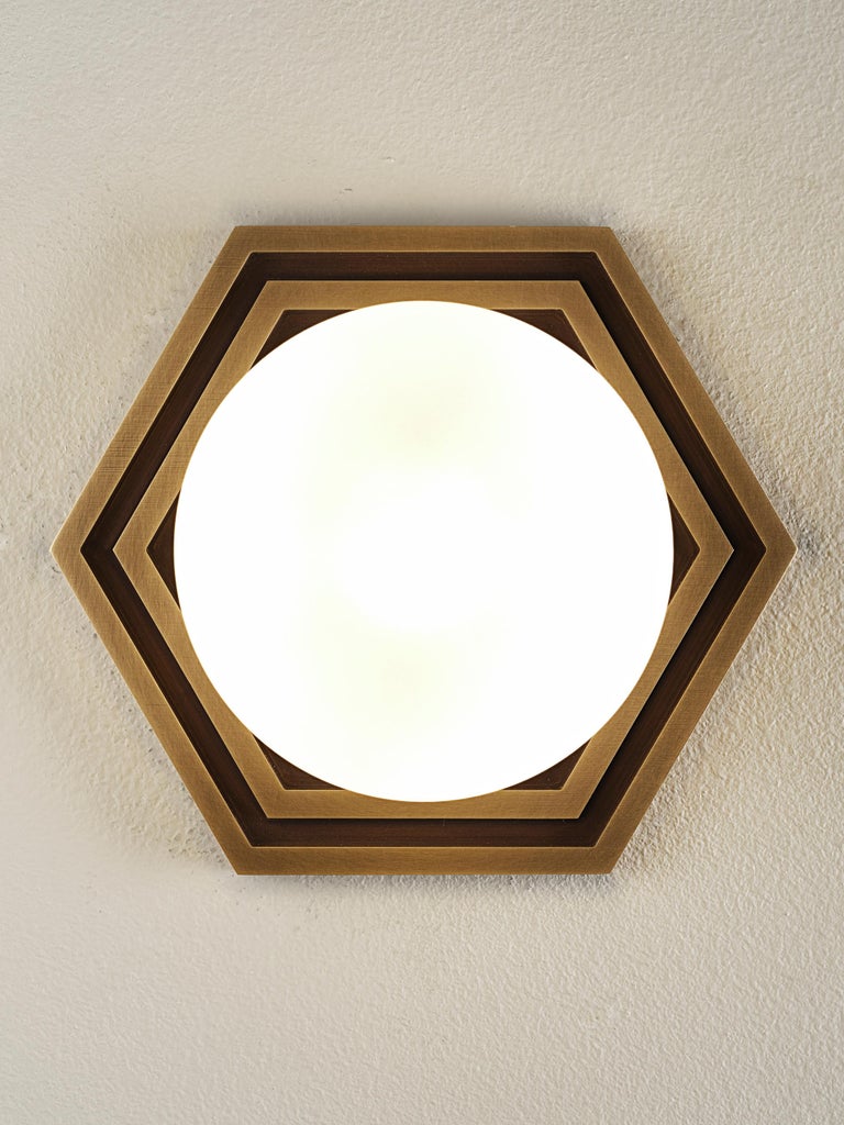 Mira Hex Wall Sconce in Natural Brass and Blown Glass by Blueprint Lighting For Sale 1