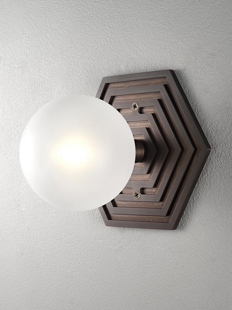 Art Deco Mira Hex Wall Sconce in Oil-Rubbed Bronze and Blown Glass by Blueprint Lighting For Sale