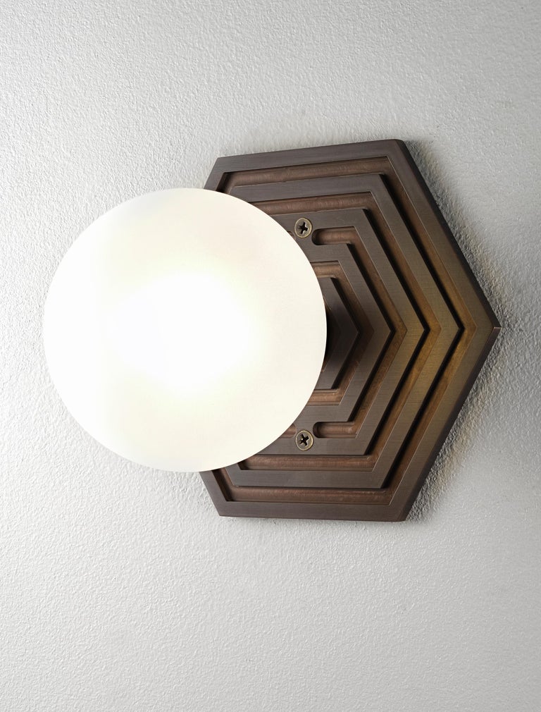 American Mira Hex Wall Sconce in Oil-Rubbed Bronze and Blown Glass by Blueprint Lighting For Sale