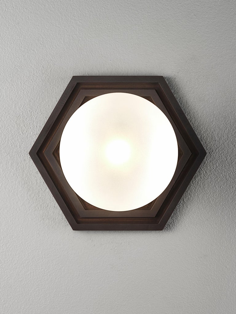 Brass Mira Hex Wall Sconce in Oil-Rubbed Bronze and Blown Glass by Blueprint Lighting For Sale