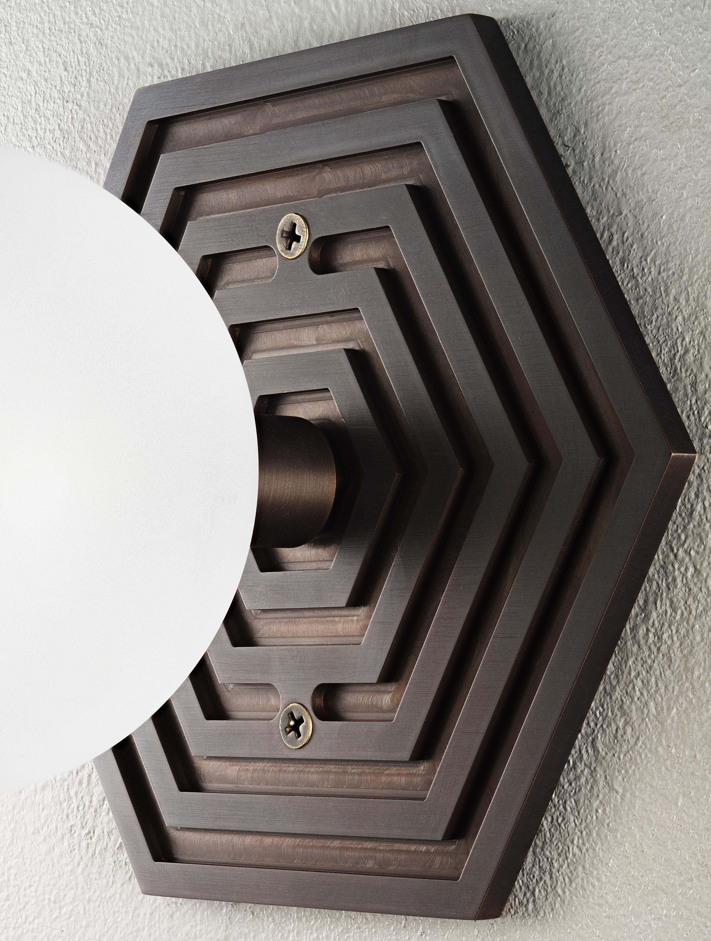 Brass Mira Hex Wall Sconce in Oil-Rubbed Bronze and Blown Glass by Blueprint Lighting For Sale