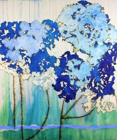 Blue Peonies mixed media artwork on canvas by artist Mira Lehr