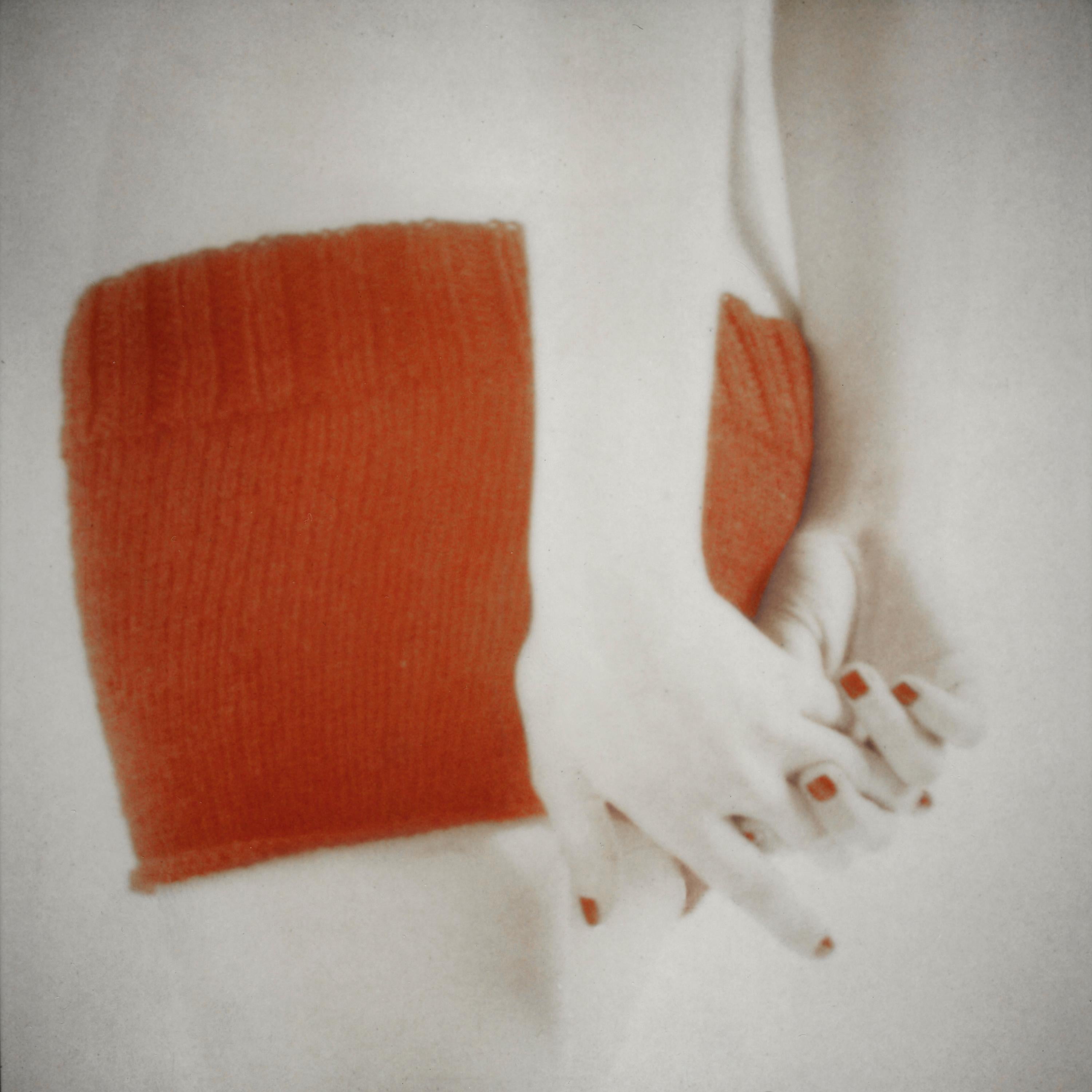 Orange Knit with Clasped Hands, figurative and feminine photography, Mira Loew