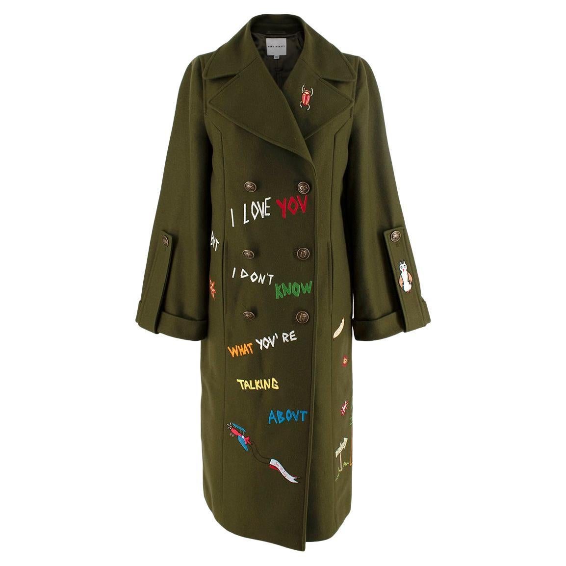 Mira Mikati Khaki Wool Blend Military Embroidered Peacoat - US -0-2 For Sale