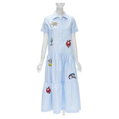 MIRA MIKATI light blue cotton cowboy illustration embroidery midi dress EU38 M