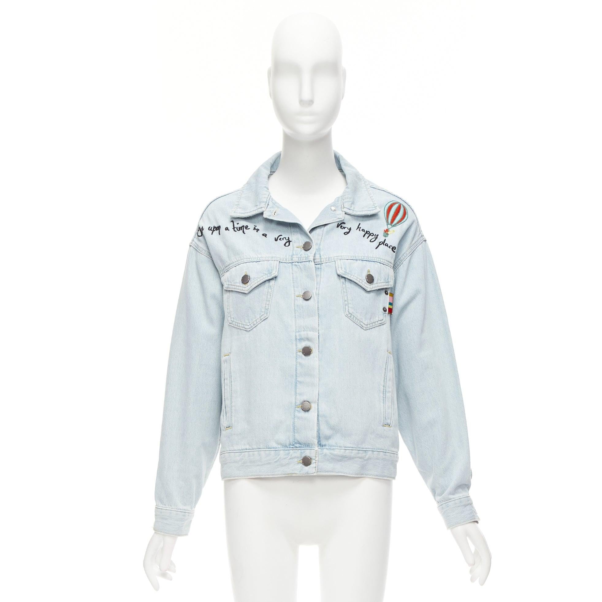 MIRA MIKATI light washed denim sheer embroidery oversized jacket FR34 XS For Sale 6
