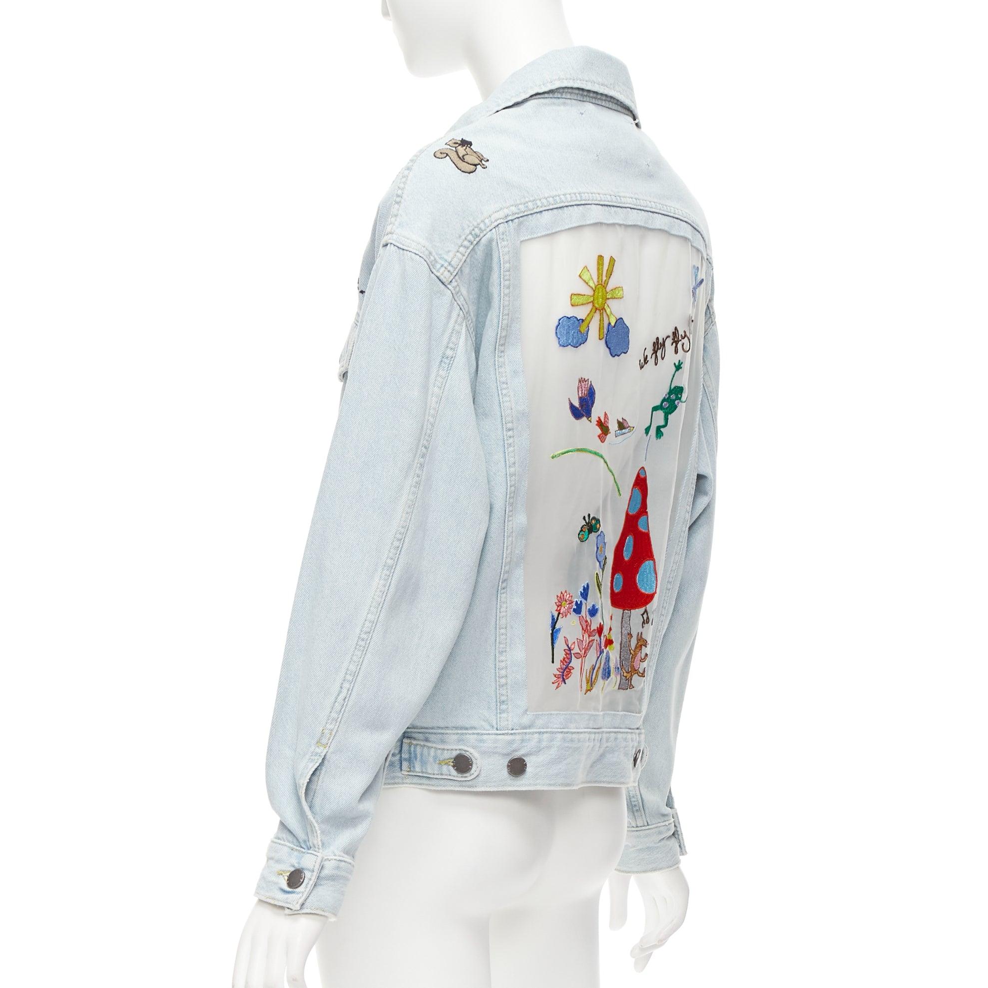 MIRA MIKATI light washed denim sheer embroidery oversized jacket FR34 XS For Sale 3