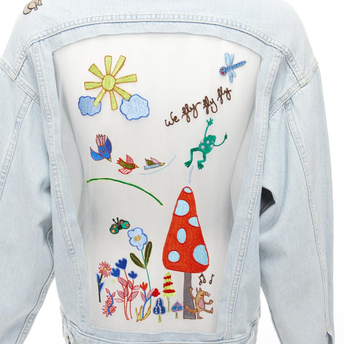 MIRA MIKATI light washed denim sheer embroidery oversized jacket FR34 XS For Sale 4