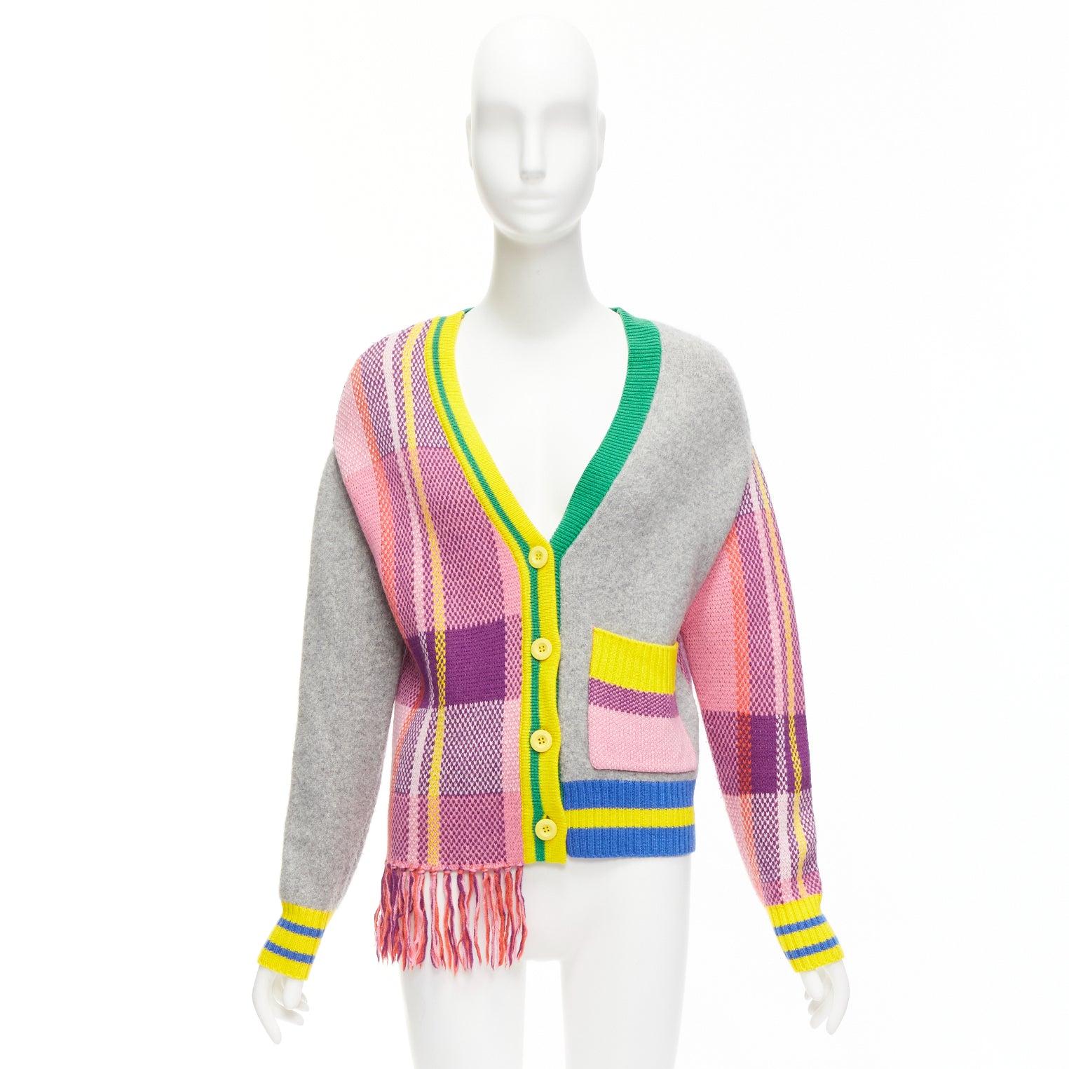 MIRA MIKATI Plaid Combo mixed patchwork V neck fringe cardigan FR36 S For Sale 6