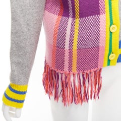 MIRA MIKATI Plaid Combo mixed patchwork V neck fringe cardigan FR36 S