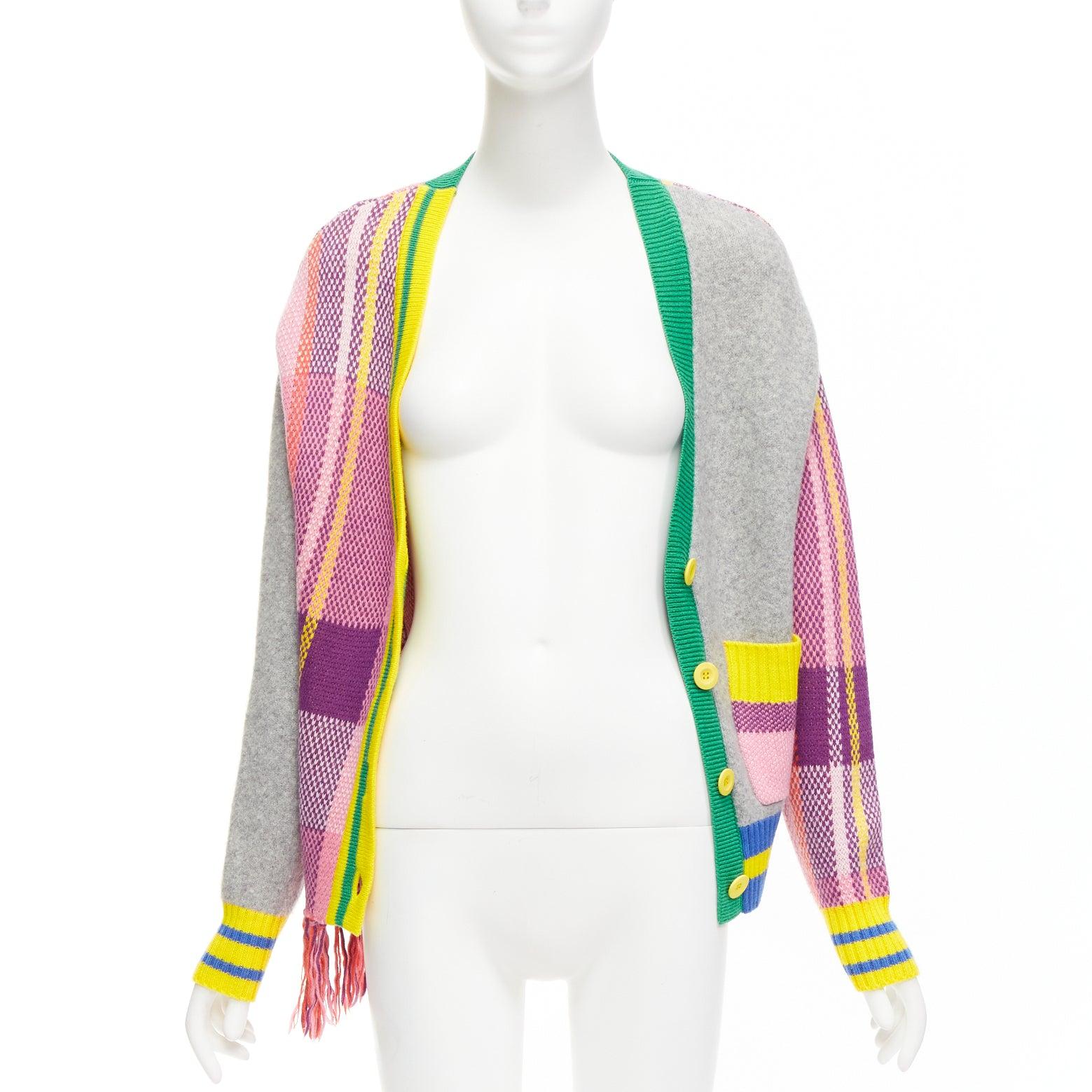 MIRA MIKATI Plaid Combo mixed patchwork V neck fringe cardigan FR36 S In Excellent Condition For Sale In Hong Kong, NT