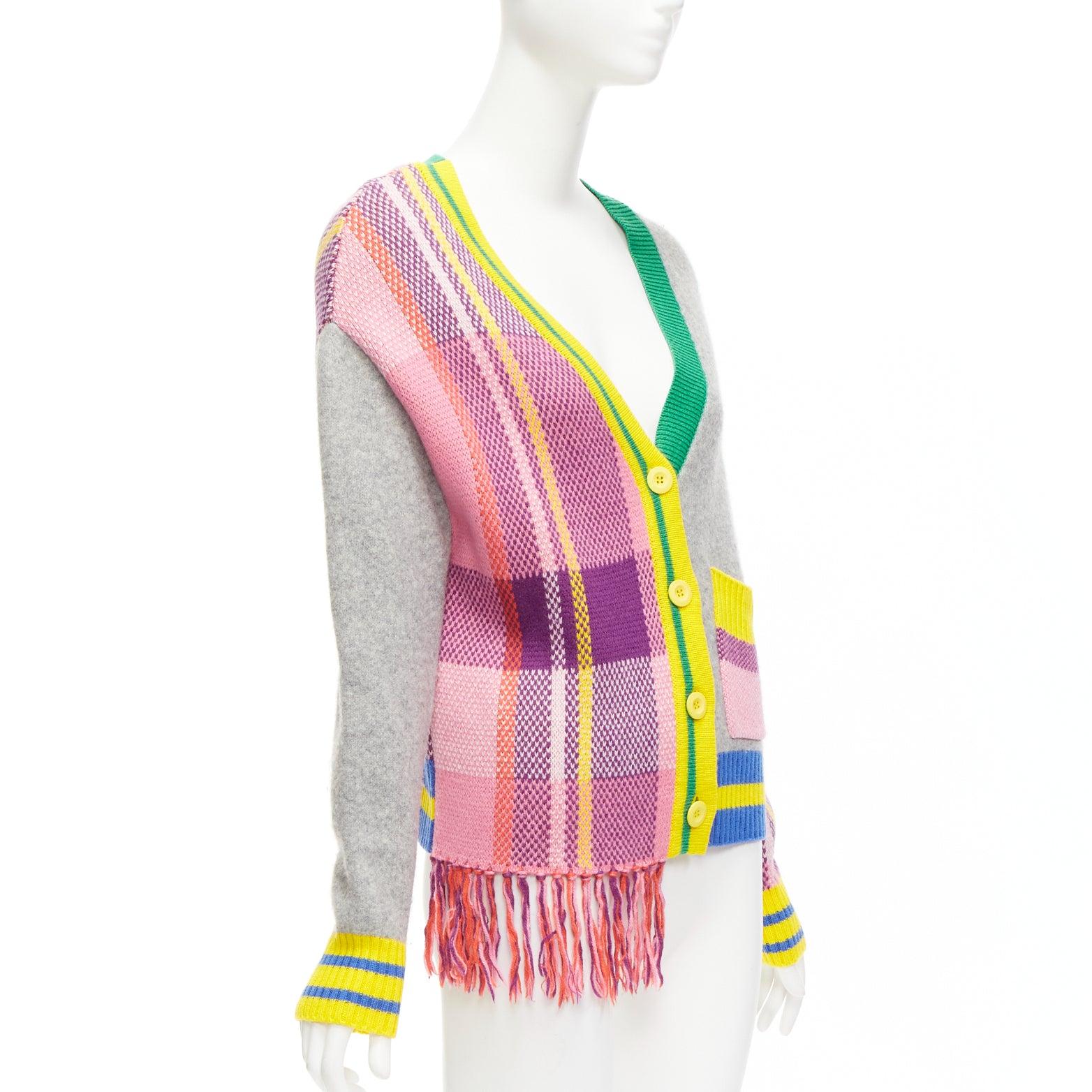 Women's MIRA MIKATI Plaid Combo mixed patchwork V neck fringe cardigan FR36 S