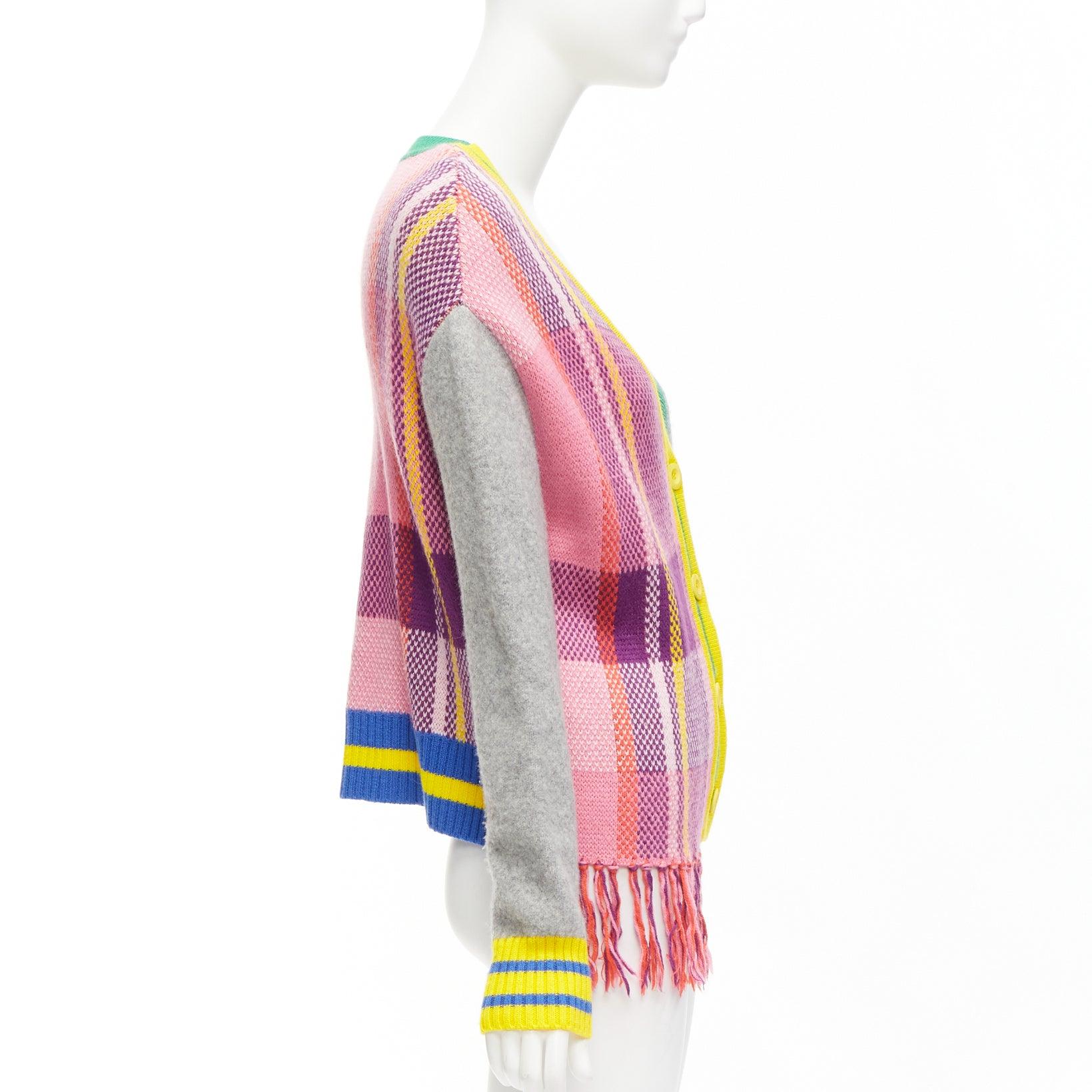 MIRA MIKATI Plaid Combo mixed patchwork V neck fringe cardigan FR36 S For Sale 1