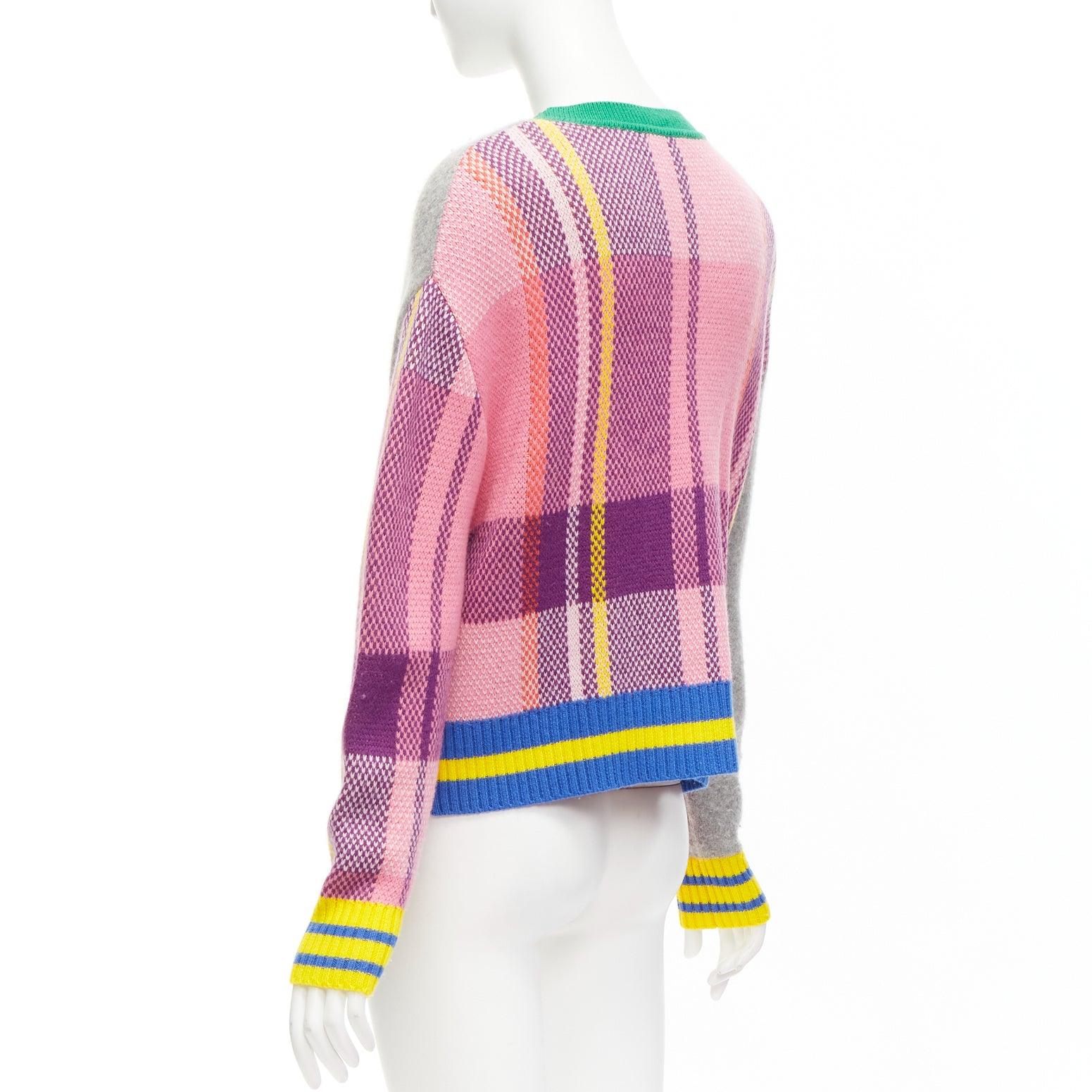 MIRA MIKATI Plaid Combo mixed patchwork V neck fringe cardigan FR36 S For Sale 3